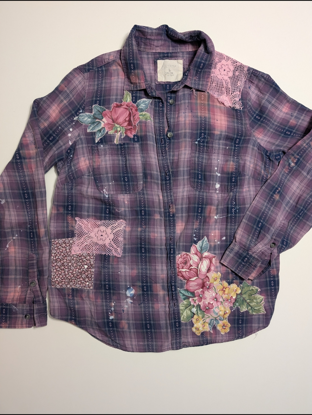 Women's Pink & Purple Plaid Button-Down Shirt with Floral Appliqué
